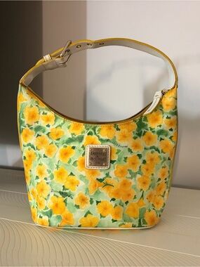 Dooney & Bourke Yellow Floral Canvas Shoulder Bag with Cream Trim
